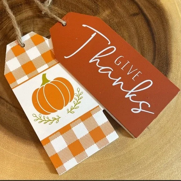 🍂🎃🍁 5” x 6” GIVE THANKS PLAID AUTUMN FALL PUMPKIN DOOR HANGER TAGS w/JUNE ROPE - Picture 3 of 6